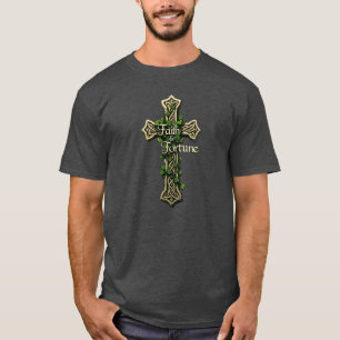 Celtic Cross Faith & Fortune Shamrock Design T-Shirt