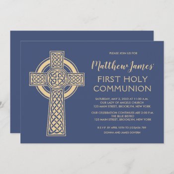 Celtic Cross First Communion Invitation For Boys by PurplePaperInvites at Zazzle