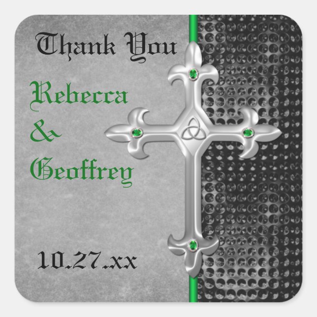 Celtic Cross Green, Black, Wedding Favor Sticker (Front)