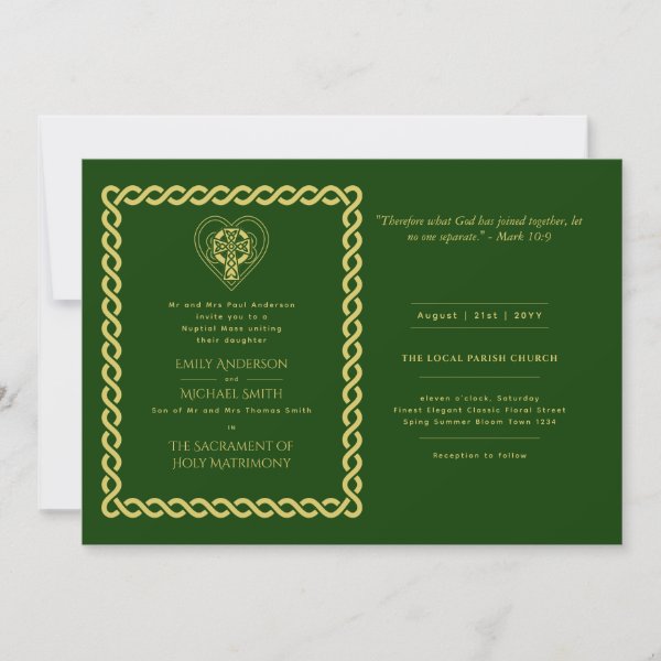 Celtic Cross Green Gold Catholic Wedding Invitation