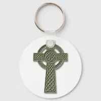 2-1/4 x 1-3/8 inch Celtic Cross with Green Crystal Center Key Chain