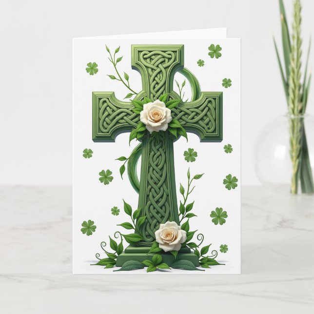 Celtic Cross Greenery Roses Card (Front)