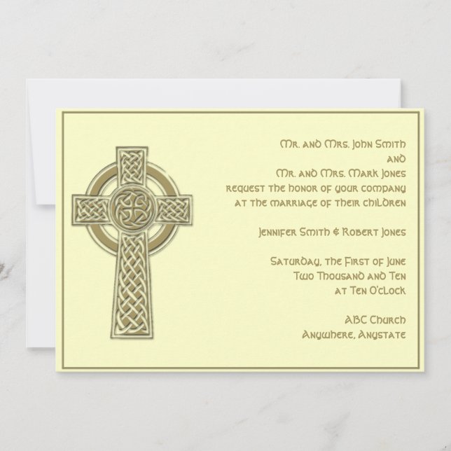 Celtic Cross in Gold Ivory Wedding Invitation (Front)