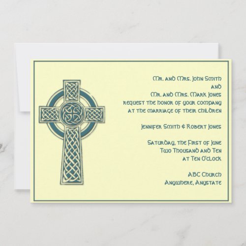 Celtic Cross in Teal and Mythic Ivory Personalized Invites