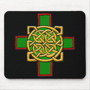Celtic Cross Knotwork in Green and Red Mousepad