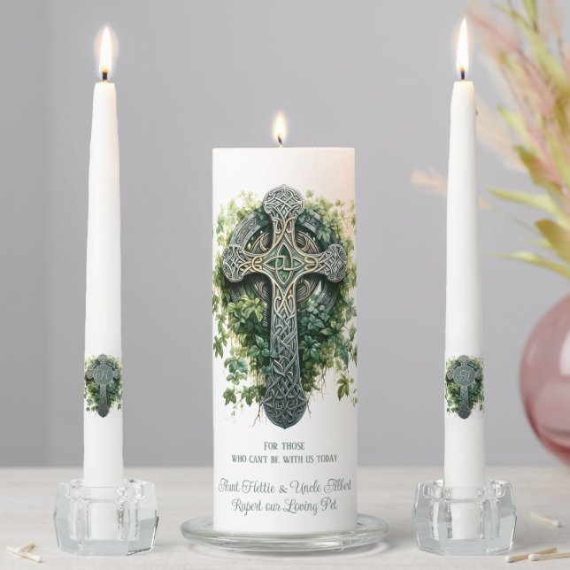 Celtic Cross Monogram Memorial Wedding Remembrance Unity Candle Set (In Situ)