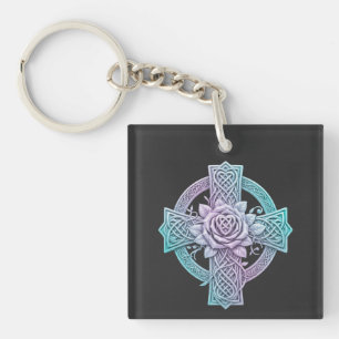 Celtic cross, pastel colors, rose in the center keychain