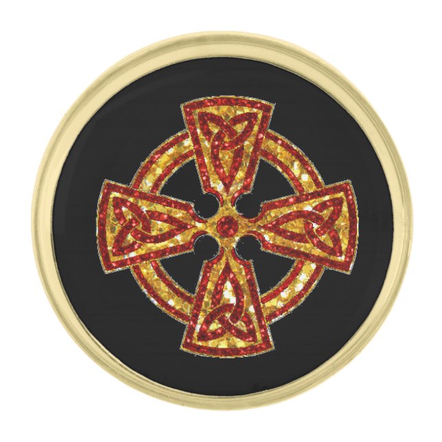 Celtic Cross Red and Gold Gold Finish Lapel Pin (Front)