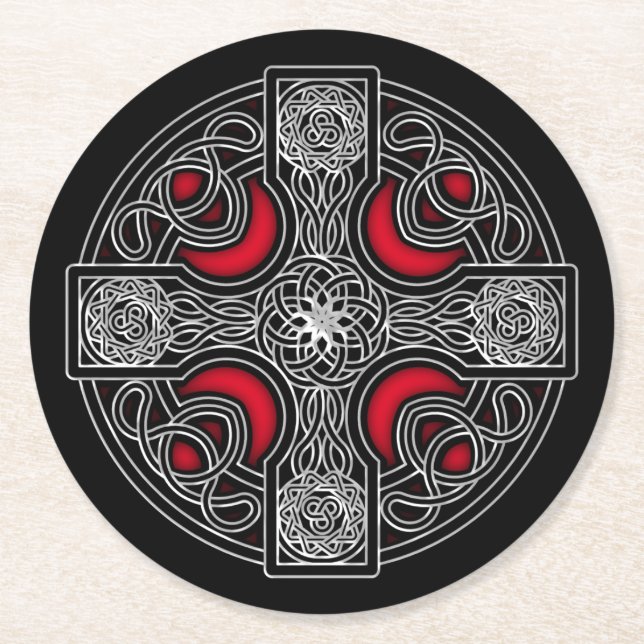 Celtic cross red color round paper coaster (Front)