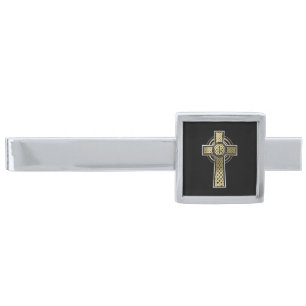 Celtic cross silver finish tie bar