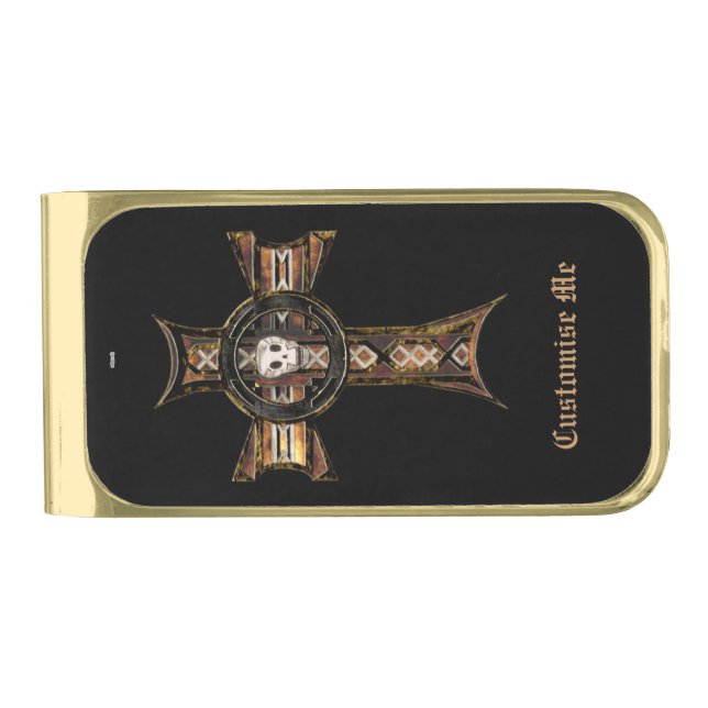Celtic Cross & Skull (Gold) Gold Finish Money Clip (Front)
