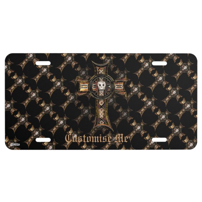 Celtic Cross & Skull (Gold) License Plate (Front)