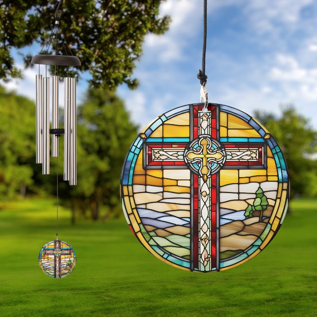 Celtic Cross Stained Glass Look Wind Chime (Outdoor)
