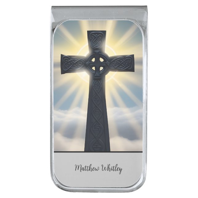 Celtic Cross with Sunshine Backdrop Silver Finish Money Clip (Front Vertical)