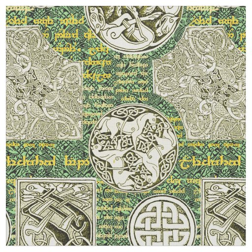 Celtic Dogs and Horses in Green and Gold Fabric