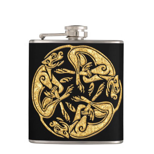 Celtic dogs gold traditional ornament digital art hip flask