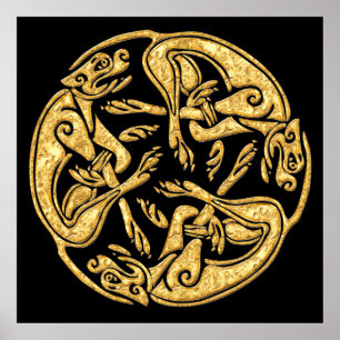 Celtic dogs gold traditional ornament digital art poster