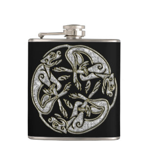 Celtic dogs traditional ornament gold and silver hip flask