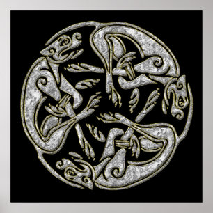 Celtic dogs traditional ornament gold and silver poster