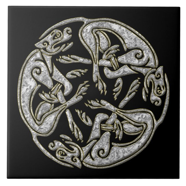 Celtic dogs traditional ornament gold and silver tile (Front)