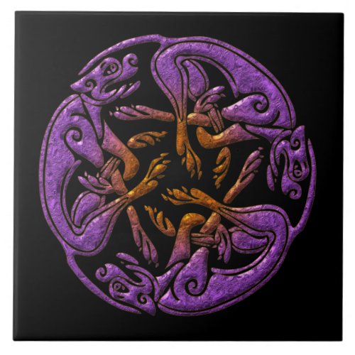 Celtic dogs traditional ornament in purple orange ceramic tile