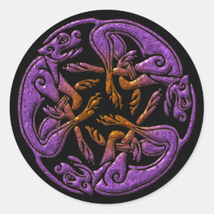 Celtic dogs traditional ornament in purple, orange classic round sticker