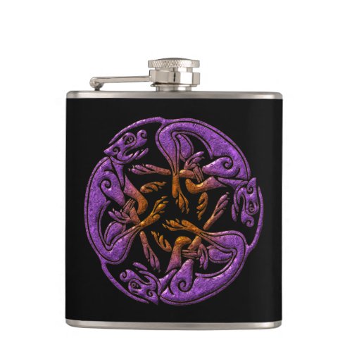 Celtic dogs traditional ornament in purple orange hip flask