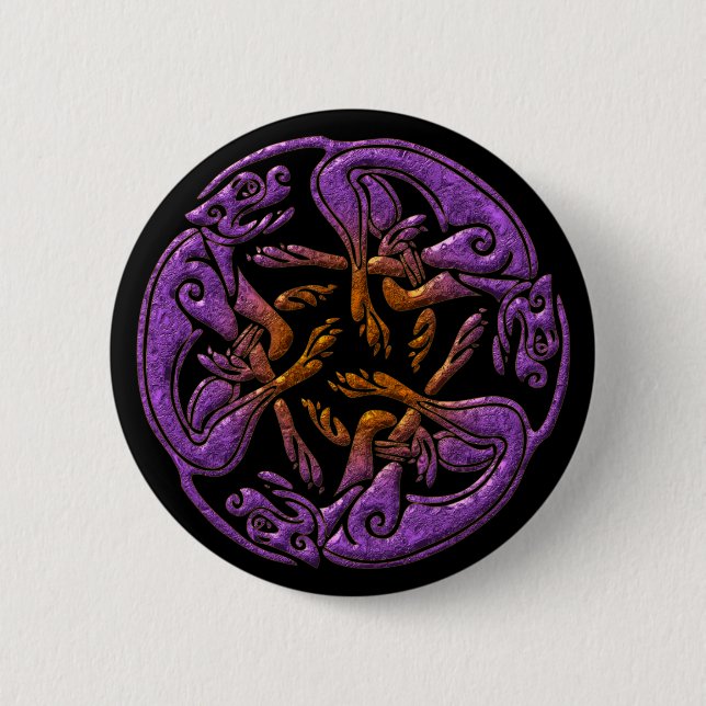 Celtic dogs traditional ornament in purple, orange pinback button (Front)