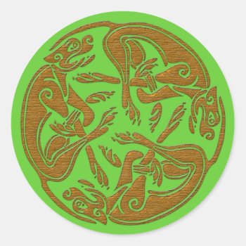 Celtic Dogs Traditional Ornament Wooden Look Classic Round Sticker by YANKAdesigns at Zazzle