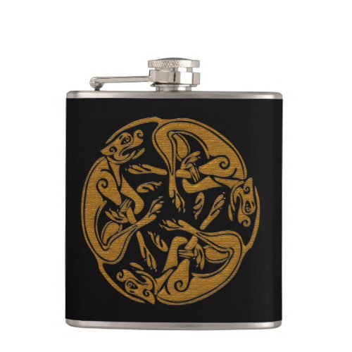 Celtic dogs traditional ornament wooden look flask