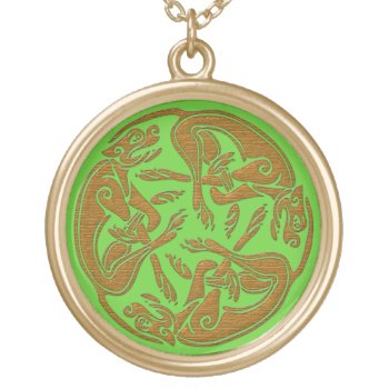 Celtic Dogs Traditional Ornament Wooden Look Gold Plated Necklace by YANKAdesigns at Zazzle