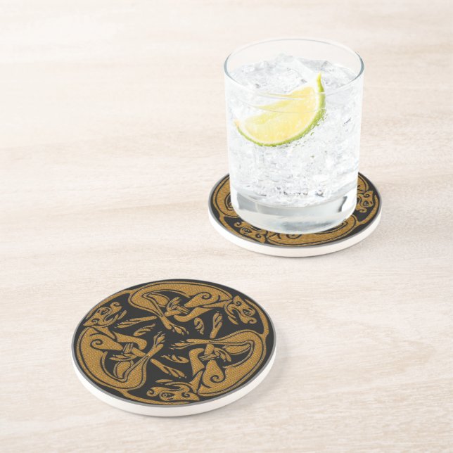 Celtic dogs traditional ornament wooden look sandstone coaster (Side)
