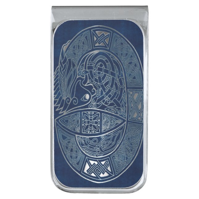 Celtic Dragon Blue Silver Finish Money Clip (Front Vertical)