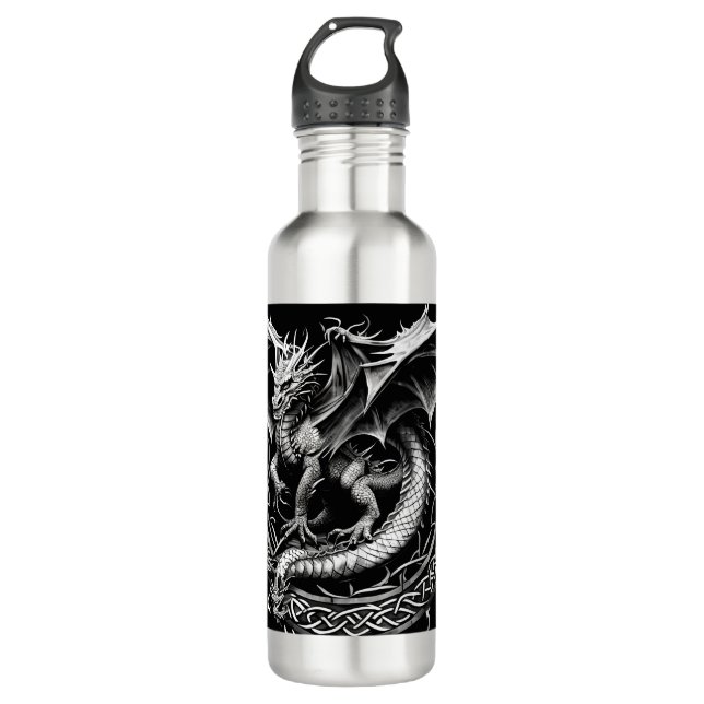 Celtic Dragon Elegance: Black & Grey Abstract Tatt Stainless Steel Water Bottle (Front)