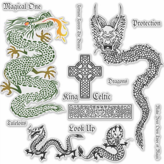 Celtic Dragons Vintage Clear Vinyl Sticker (Front)
