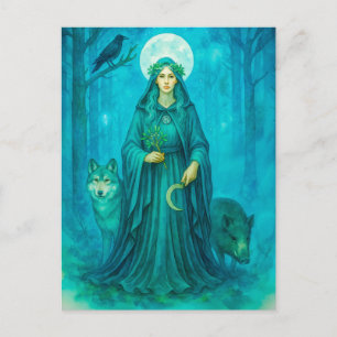 Celtic druidess with wolf boar and raven holiday postcard