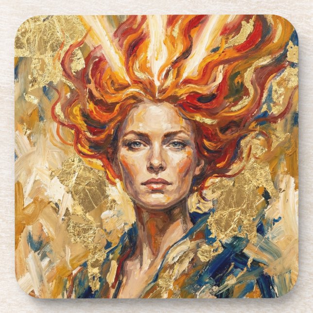 Celtic Fire Goddess Brigid Gold Leaf Fantasy Art Beverage Coaster (Front)