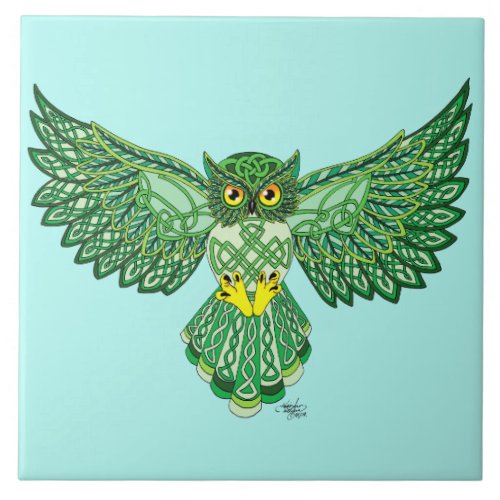 Celtic Flight Owl Green Ceramic Tile