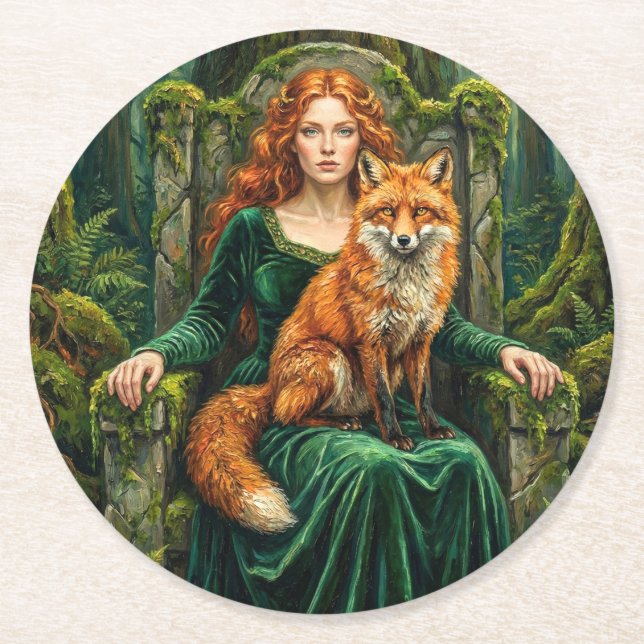 Celtic Forest Queen Red Fox Witch Fantasy Art ( Round Paper Coaster (Front)