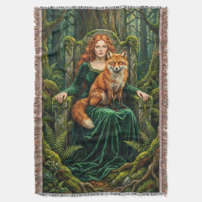 Celtic Forest Queen Red Fox Witch Fantasy Art ( Throw Blanket (Front Vertical)