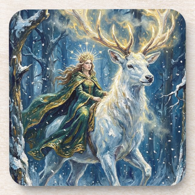 Celtic Goddess & Glowing White Stag Beverage Coaster (Front)