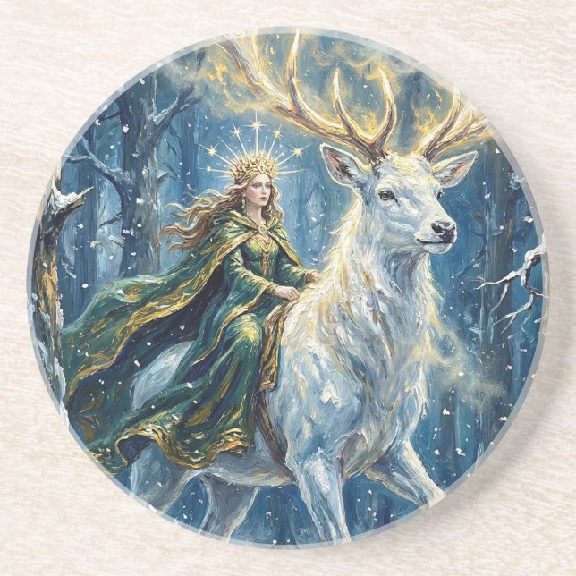 Celtic Goddess & Glowing White Stag Coaster (Front)