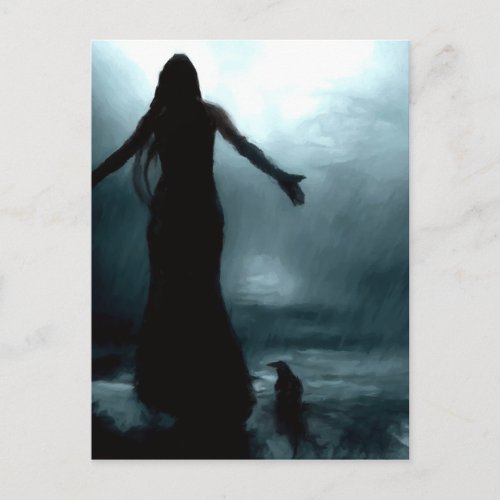 celtic goddess morrigan crow raven rain water postcard