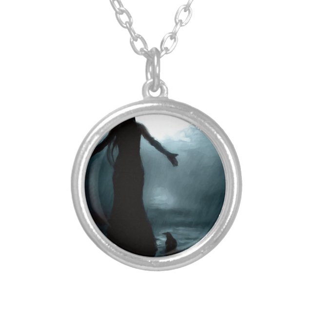 celtic goddess morrigan crow raven rain water silver plated necklace (Front)