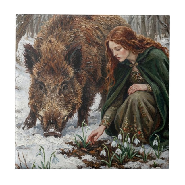 Celtic Goddess & Wild Boar Ceramic Tile (Front)
