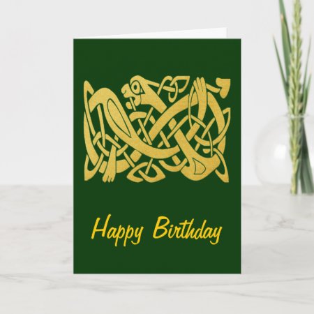 Celtic Golden Snake On Dark Green Birthday Card