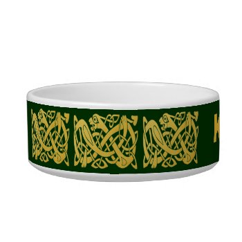 Celtic Golden Snake On Dark Green Cat Bowl by DigitalDreambuilder at Zazzle
