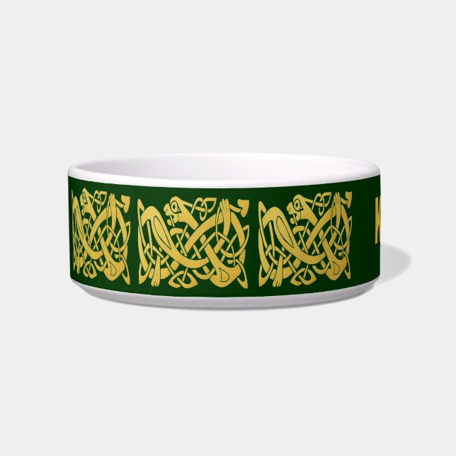 Celtic Golden Snake on Dark Green Cat Bowl (Left)