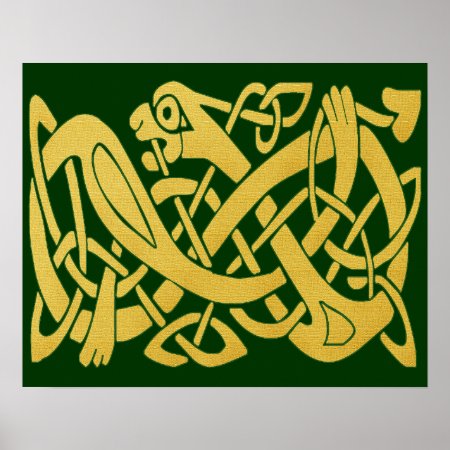 Celtic Golden Snake On Dark Green Poster