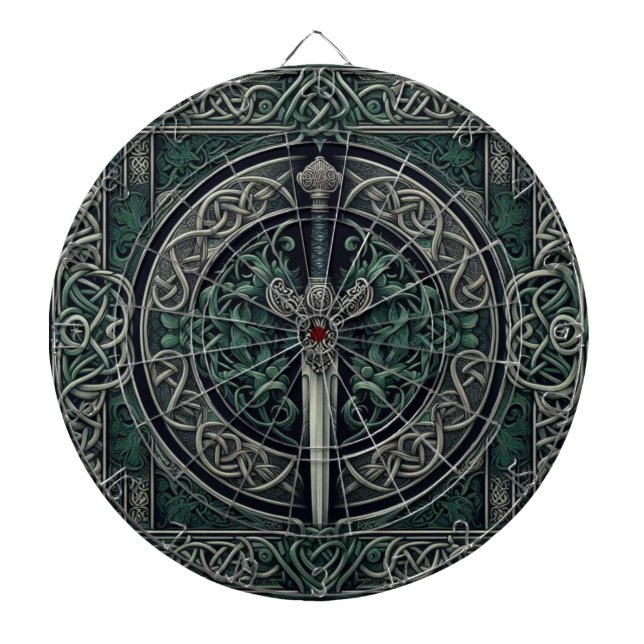 Celtic Green and Silver Sword Dart Board (Front)
